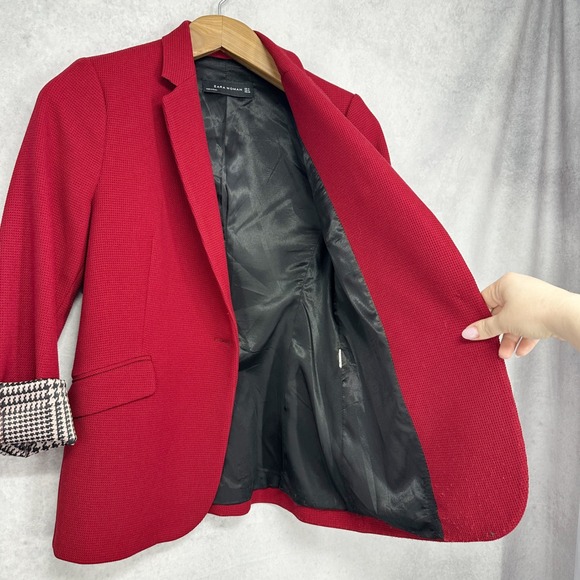 Zara Red Waffle Knit Single Button Blazer Pattern Lined Cuffs Women's Size XS - Picture 2 of 11